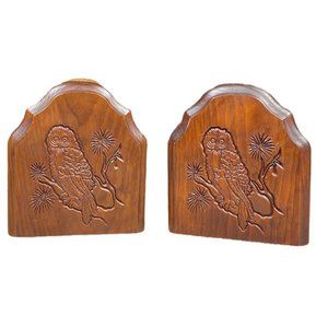 Vintage Carved Wood Owl Bookends wooden 7' in H.